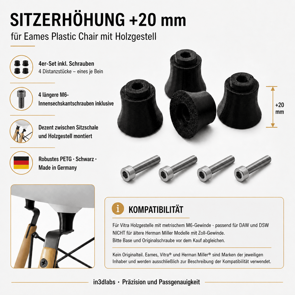 Eames Plastic Chair Sitzerhöhung +20 mm – 4er Set mit M6 Schrauben (Vitra DAW / DSW Holzgestell) - in3dlabs