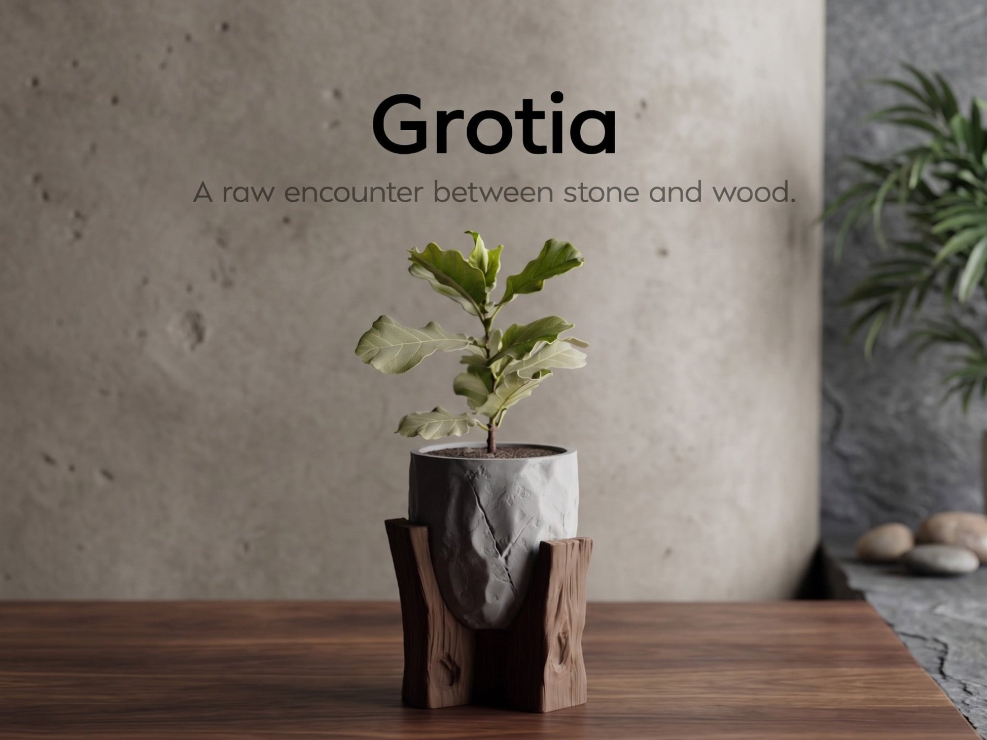 Grotia – Pflanzgefäß - Set mit Stein - und Holz - Optik - in3dlabs