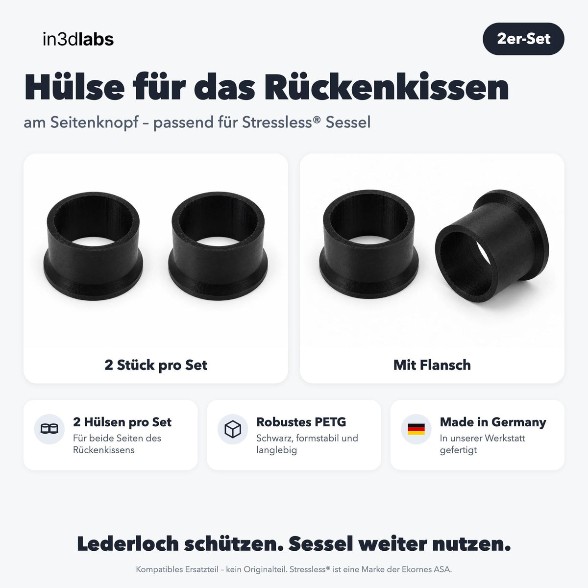Hülse für Rückenkissen am Seitenknopf passend für Stressless® Sessel – 2er-Set, schwarz, PETG - in3dlabs