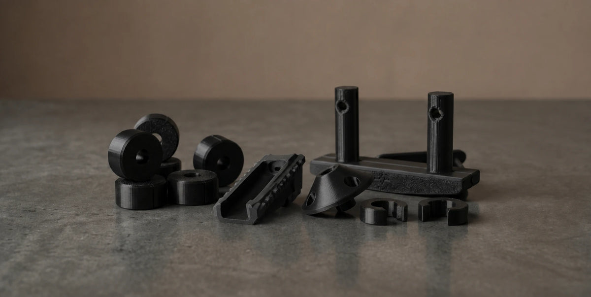 Präzise schwarze Ersatzteile von in3dlabs auf Betonfläche