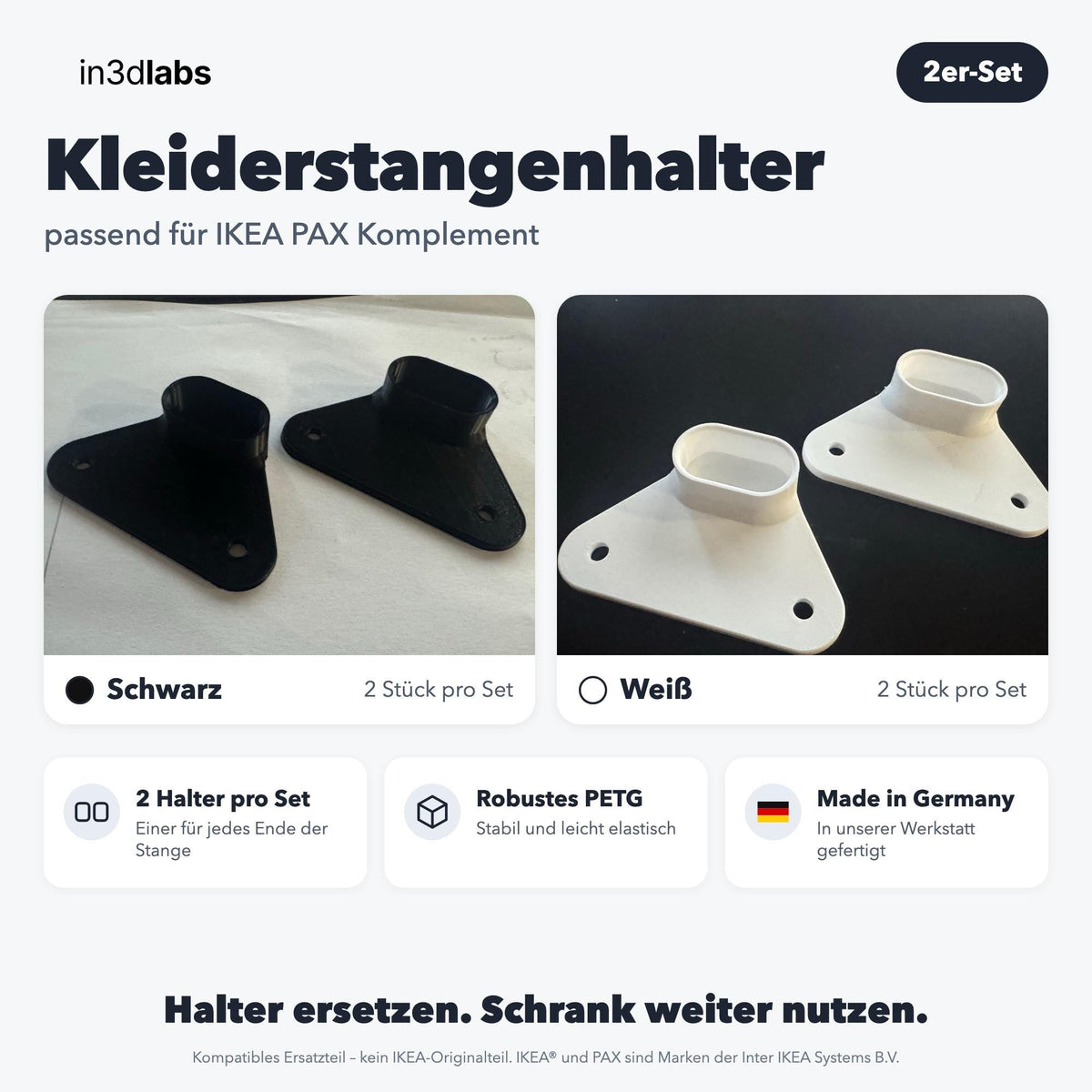 Kleiderstangenhalter passend für IKEA® PAX Komplement – 2er-Set, schwarz oder weiß - in3dlabs