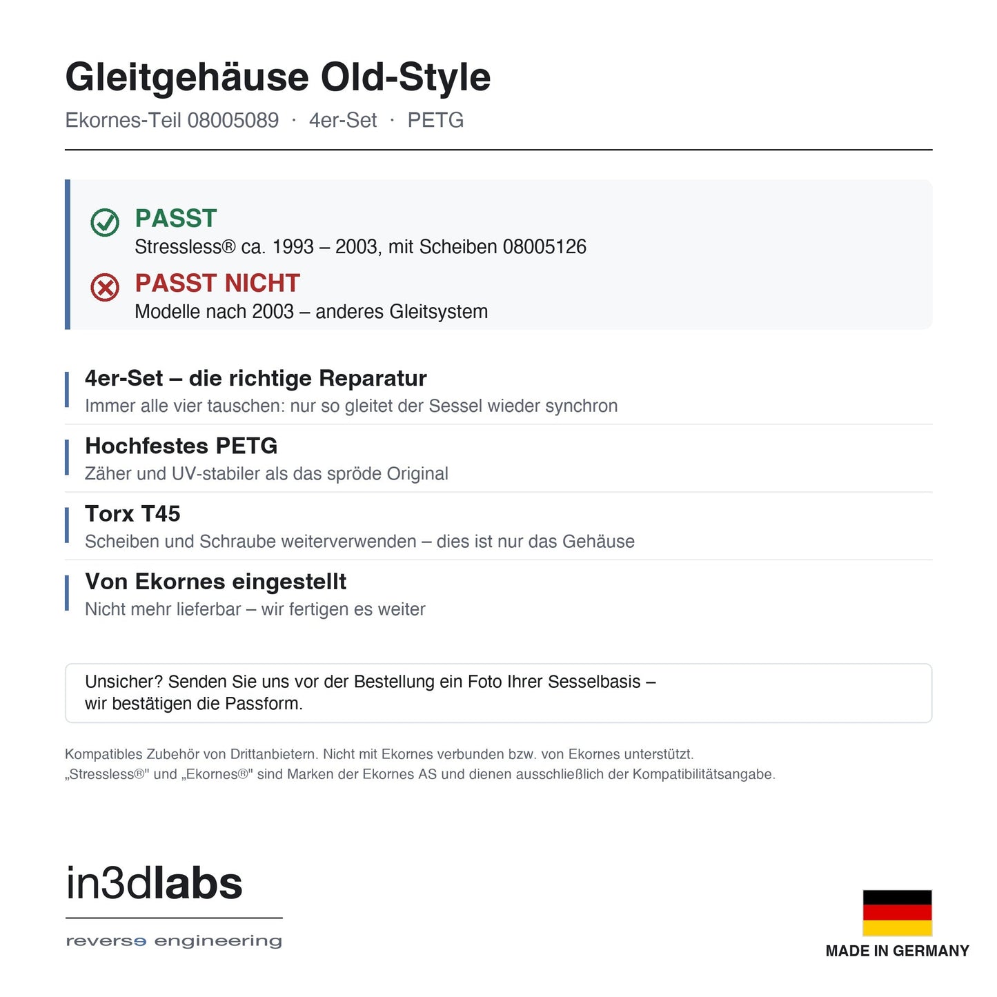 Stressless® Gleitgehäuse Old-Style (08005089) – Kompatibler PETG-Ersatz, 4er-Set (nur bis 2003) - in3dlabs