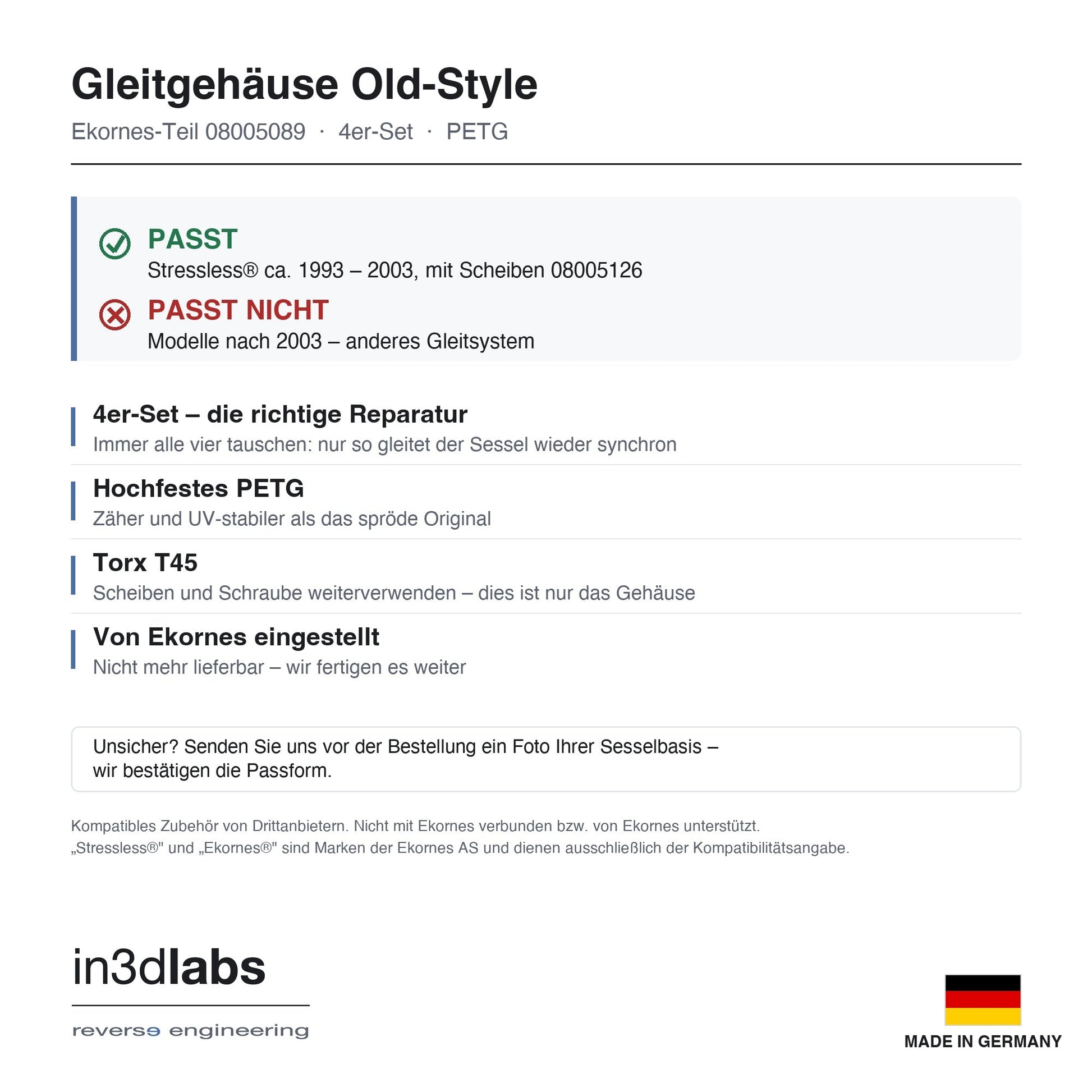 Stressless® Gleitgehäuse Old-Style (08005089) – Kompatibler PETG-Ersatz, 4er-Set (nur bis 2003) - in3dlabs