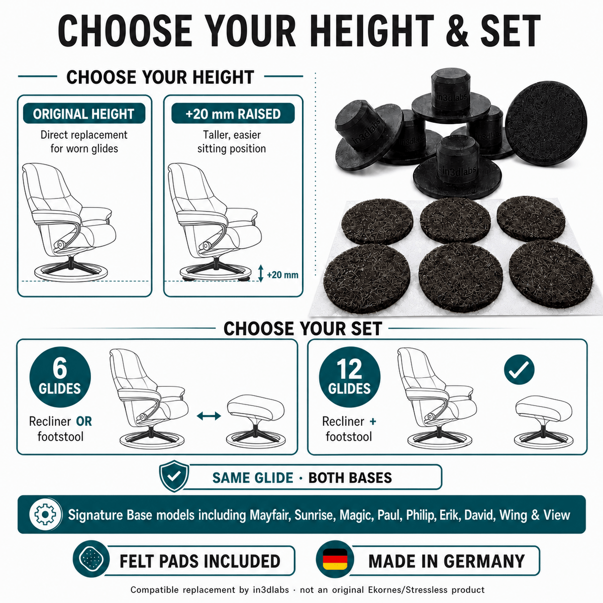 Stressless Signature Base Gleiter – Ersatzfüße für Sessel & Hocker – PETG, Made in Germany - in3dlabs